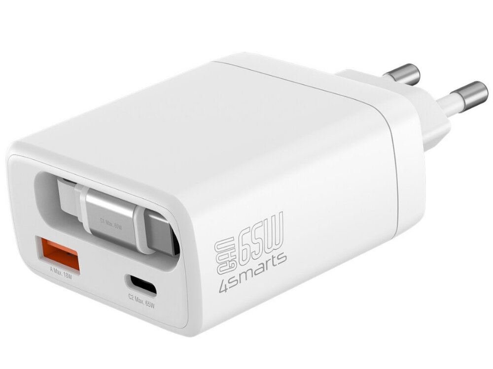 Biała ładowarka sieciowa z dwoma wtykami, posiada dwa porty: USB i USB-C. Na obudowie widoczne są napisy: \'GaN 65W 4smarts\'.