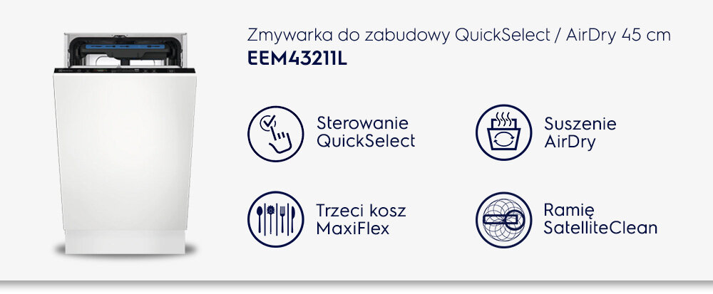 Obraz przedstawia zmywarkę do zabudowy z otwartymi drzwiami, obok której znajdują się ikony z opisami funkcji: \'Sterowanie QuickSelect\', \'Suszenie AirDry\', \'Trzeci kosz MaxiFlex\', \'Ramię SatelliteClean\'. Widoczny jest tekst: \'Zmywarka do zabudowy QuickSelect / AirDry 45 cm EEM43211L\'.