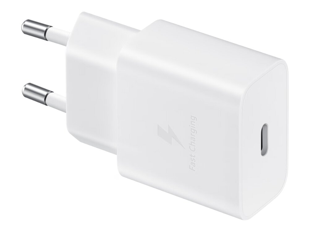 Biała ładowarka sieciowa z wtyczką USB-C i napisem \'Fast Charging\'.