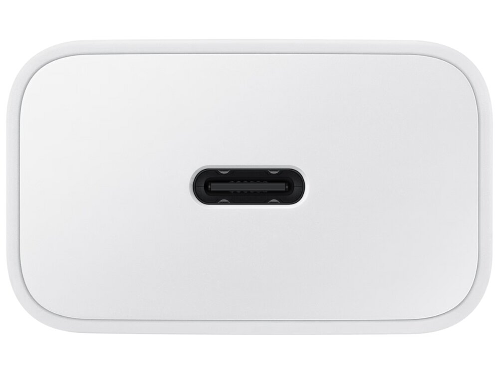 Biała ładowarka z portem USB-C na środku. Powierzchnia jest gładka i prostokątna.
