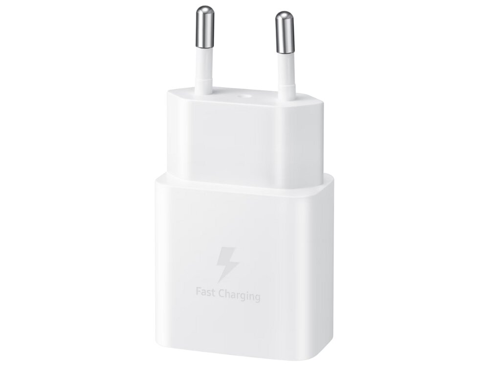 Biała ładowarka sieciowa z dwoma metalowymi bolcami i napisem \'Fast Charging\' oraz symbolem błyskawicy na obudowie.