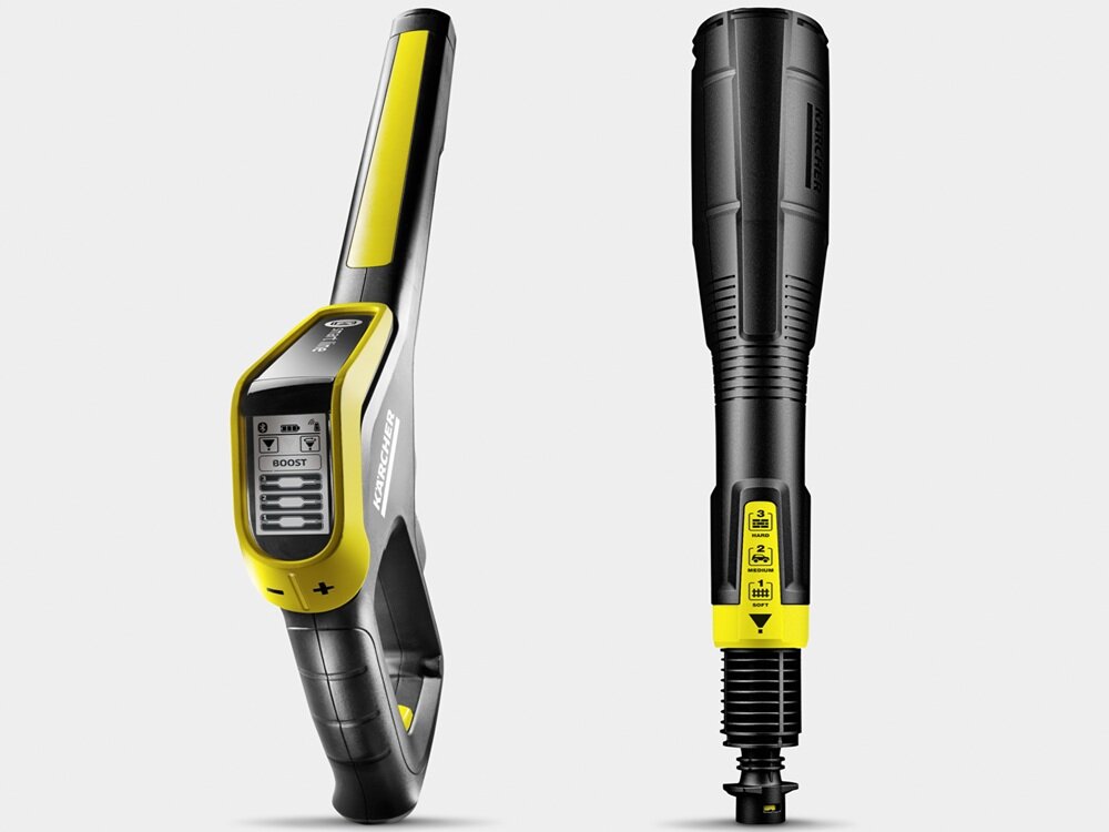 Na obrazie widoczne są dwa elementy myjki ciśnieniowej w kolorach czarnym i żółtym. Jeden z elementów ma wyświetlacz z napisem \'BOOST\' oraz logo \'KARCHER\'.