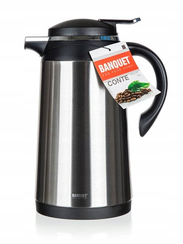 Termos ze stali nierdzewnej z czarną pokrywką i uchwytem, z etykietą \'BANQUET FOR YOUR HOME CONTE\'.