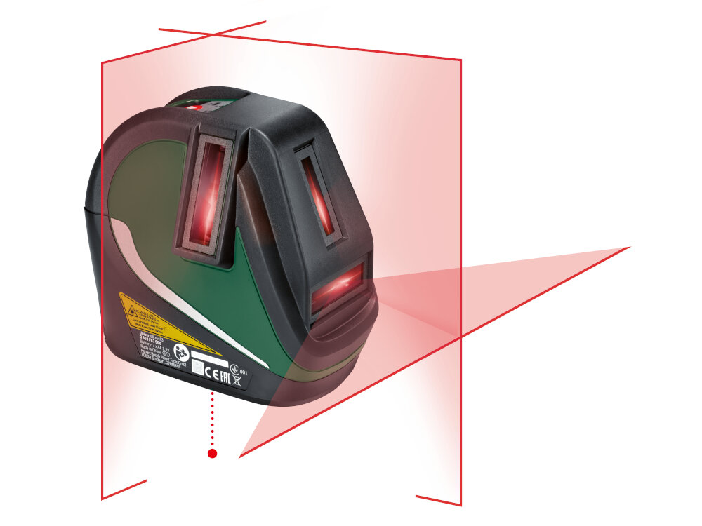 Na obrazie widoczny jest laser krzyżowy w kolorze zielonym z czarnymi elementami, emitujący czerwone linie laserowe w różnych kierunkach. Na urządzeniu znajdują się oznaczenia CE i ostrzeżenia dotyczące bezpieczeństwa.