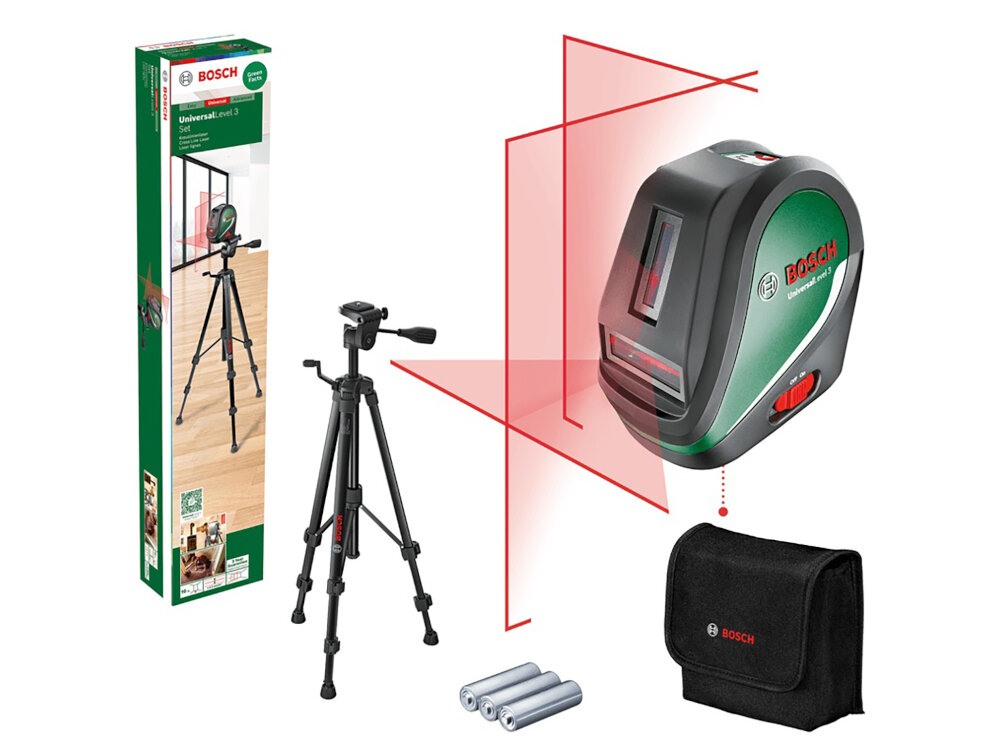 Na obrazie znajduje się laser krzyżowy z logo BOSCH, statyw, pokrowiec oraz trzy baterie. W tle widoczny jest karton z napisem \'Universal Level 3\'.