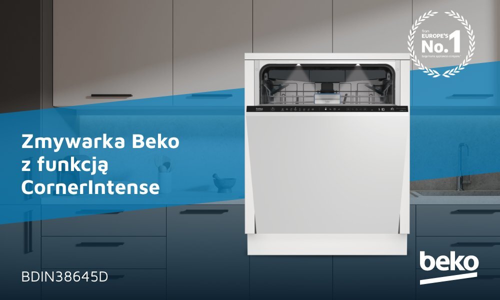 Zmywarka Beko z funkcją CornerIntense jest umieszczona w zabudowie kuchennej. Widoczny jest napis \'BDIN38645D\' oraz logo \'beko\'.