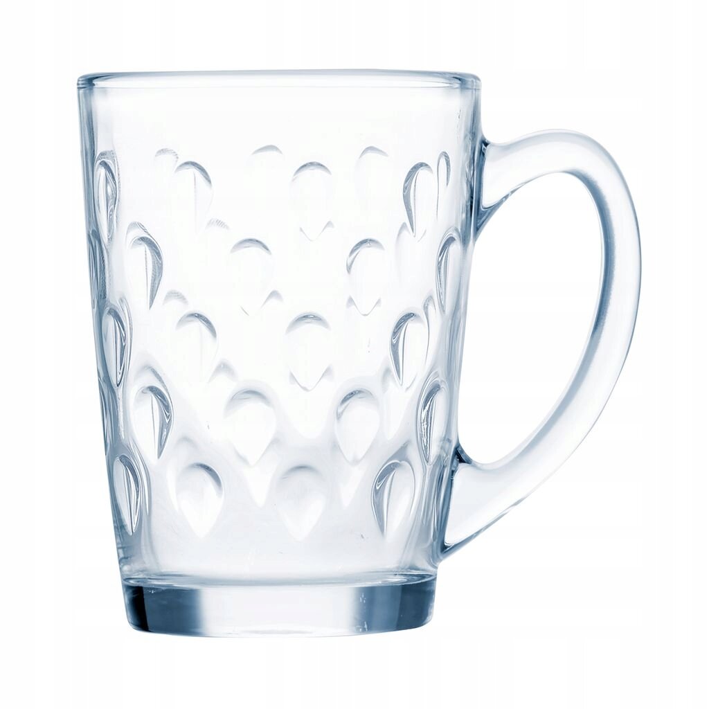 Szklanka z przezroczystego szkła o pojemności 320 ml, z uchwytem i wytłoczonym wzorem w kształcie kropli.