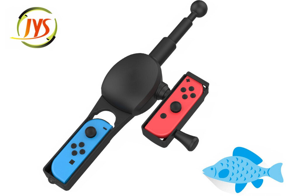 Na obrazie znajduje się czarna wędka z miejscem na dwa kontrolery Joy-Con, jeden niebieski i jeden czerwony. W lewym górnym rogu widoczne jest logo \'JYS\', a w prawym dolnym rysunek niebieskiej ryby.