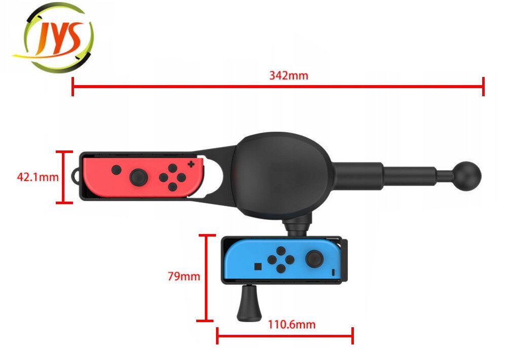 Obraz przedstawia uchwyt wędki na kontrolery Joy-Con z oznaczeniami wymiarów: 342 mm, 42.1 mm, 79 mm i 110.6 mm. W lewym górnym rogu widoczne jest logo JYS.