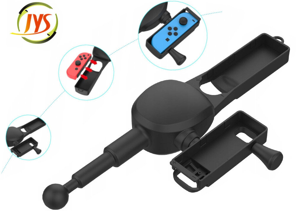 Na obrazie widoczna jest czarna wędka do Joy-Con z trzema okrągłymi wstawkami pokazującymi różne kolory kontrolerów. W lewym górnym rogu znajduje się logo JYS.