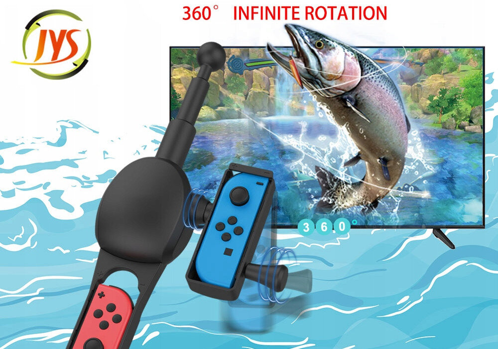 Obraz przedstawia wędkę do Joy-Con z logo JYS, z napisem \'360° INFINITE ROTATION\'. W tle widoczny jest ekran z grafiką przedstawiającą rybę wyskakującą z wody.
