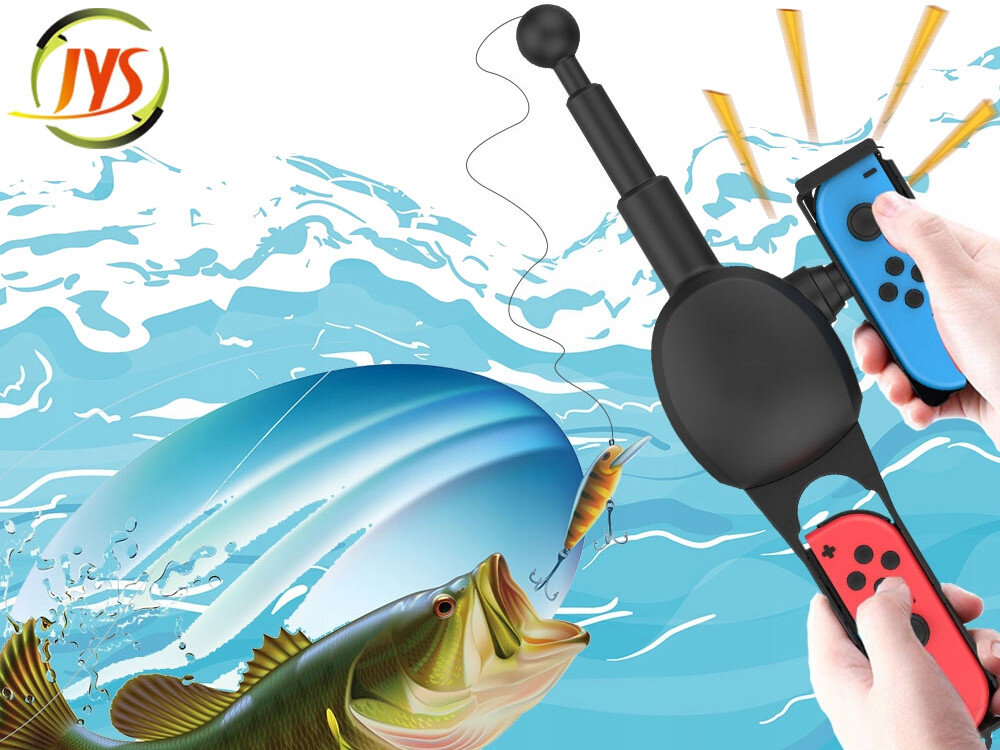 Obraz przedstawia wędkę do Joy-Con z kontrolerami w kolorach niebieskim i czerwonym, trzymanymi w dłoniach. W tle widać wodę z rybą i przynętą oraz logo \'JYS\'.