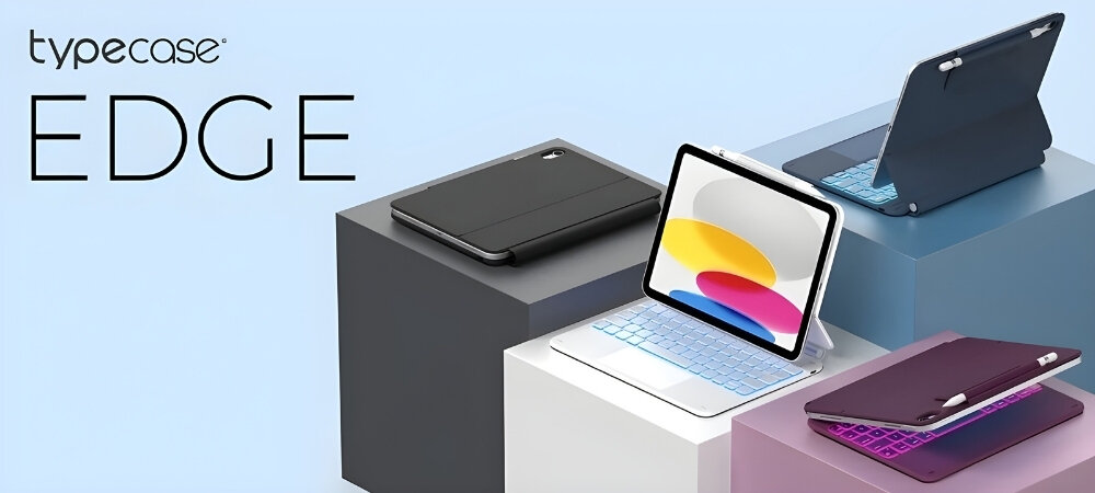 Na obrazie widoczne są cztery etui na iPad Air z klawiaturą w różnych kolorach, ustawione na geometrycznych blokach. W lewym górnym rogu znajduje się tekst \'typecase EDGE\'.