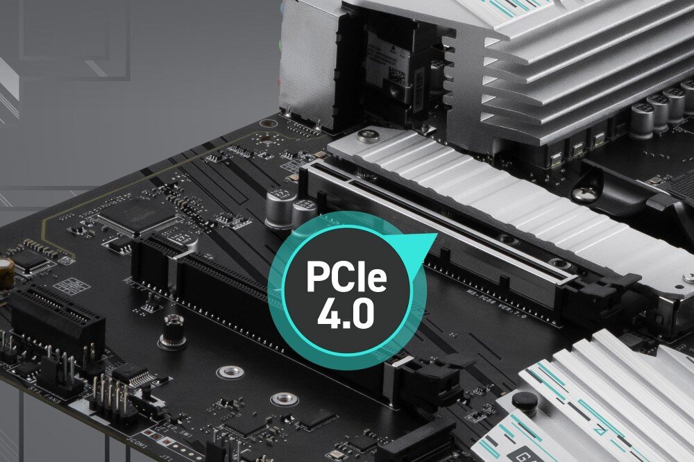 Obraz przedstawia fragment płyty głównej z widocznym złączem PCIe 4.0. Na płycie znajdują się elementy elektroniczne i radiatory.