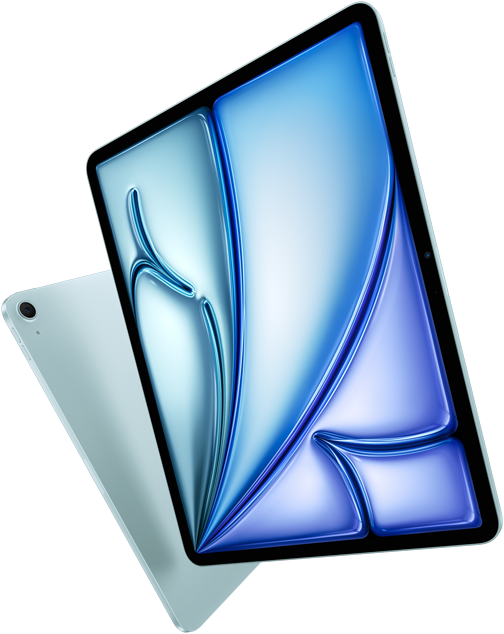 Na obrazie widoczny jest tablet w kolorze niebieskim z wyświetlaczem prezentującym abstrakcyjny wzór w odcieniach niebieskiego. Obok znajduje się tylna część urządzenia z widocznym aparatem.
