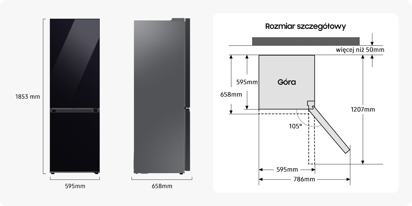 Lodówka z dolnym zamrażalnikiem Samsung RB34C7B5D22 pokazana z frontu i z boku wraz z opisem wymiarów Obraz przedstawia lodówkę o wymiarach 1853 mm wysokości, 595 mm szerokości i 658 mm głębokości, z czarnym szklanym frontem. Obok znajduje się schemat z wymiarami szczegółowymi, w tym 105° otwarcia drzwi i głębokość 786 mm przy otwartych drzwiach.