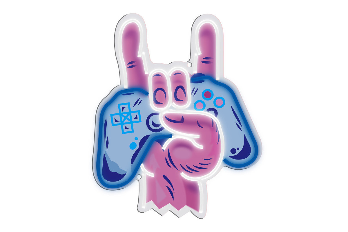 Obraz przedstawia neon LED w kształcie dłoni trzymającej gamepad, z uniesionymi palcami w geście rockowym. Kolory dominujące to niebieski i różowy, z widocznymi symbolami przycisków na gamepadzie.
