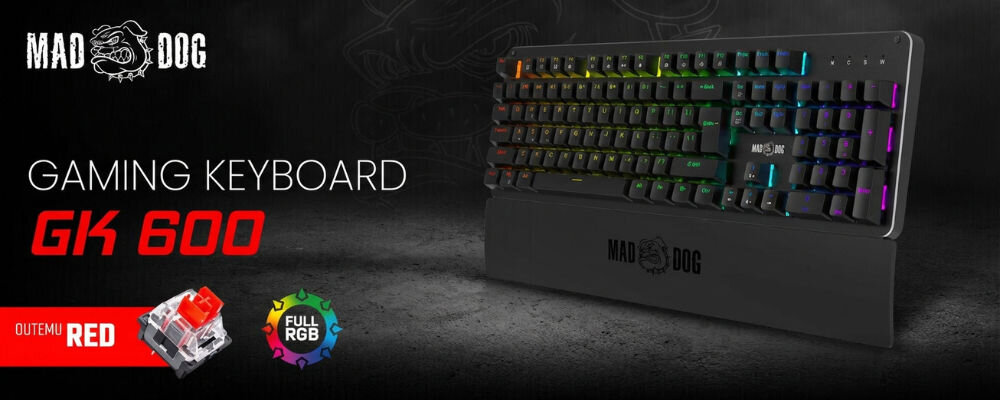 Obraz przedstawia klawiaturę gamingową z podświetleniem RGB, z logo \'MAD DOG\' na podpórce. Widoczny tekst: \'GAMING KEYBOARD GK 600\', \'OUTEMU RED\', \'FULL RGB\'.
