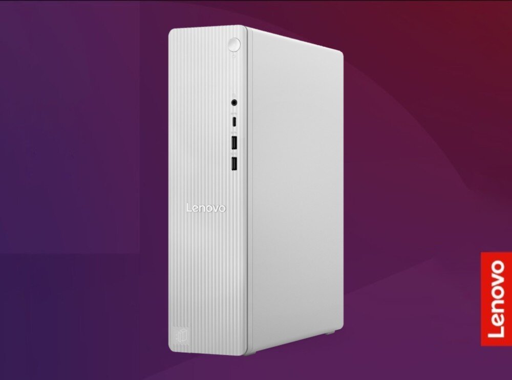 Komputer LENOVO IdeaCentre Tower 08IAS10 Obudowa komputera stacjonarnego ujęta z przodu i z boku na tle grafiki z napisem 'IDEACENTRE TOWER'