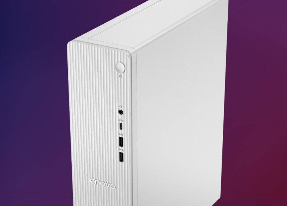 Komputer LENOVO IdeaCentre Tower 08IAS10 Zbliżenie na górną część przedniego panelu komputera, na której umieszczono przycisk zasilania, gniazda audio oraz porty USB