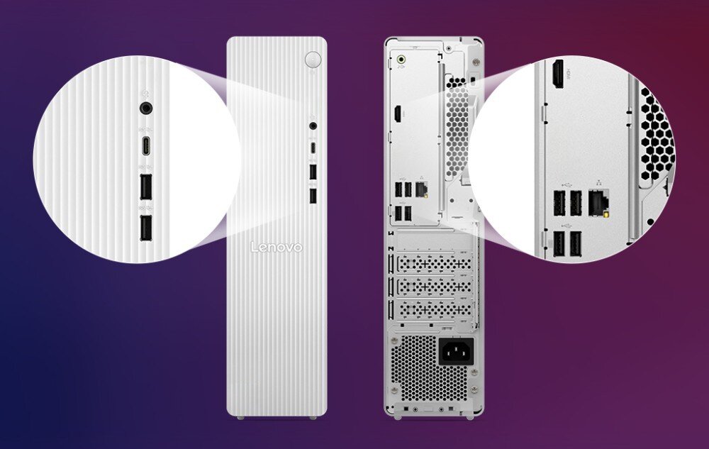 Komputer LENOVO IdeaCentre Tower 08IAS10 Widok z przodu i z tyłu komputera z dwoma zbliżeniami w okręgach, prezentującymi szczegóły przednich oraz tylnych złączy i portów
