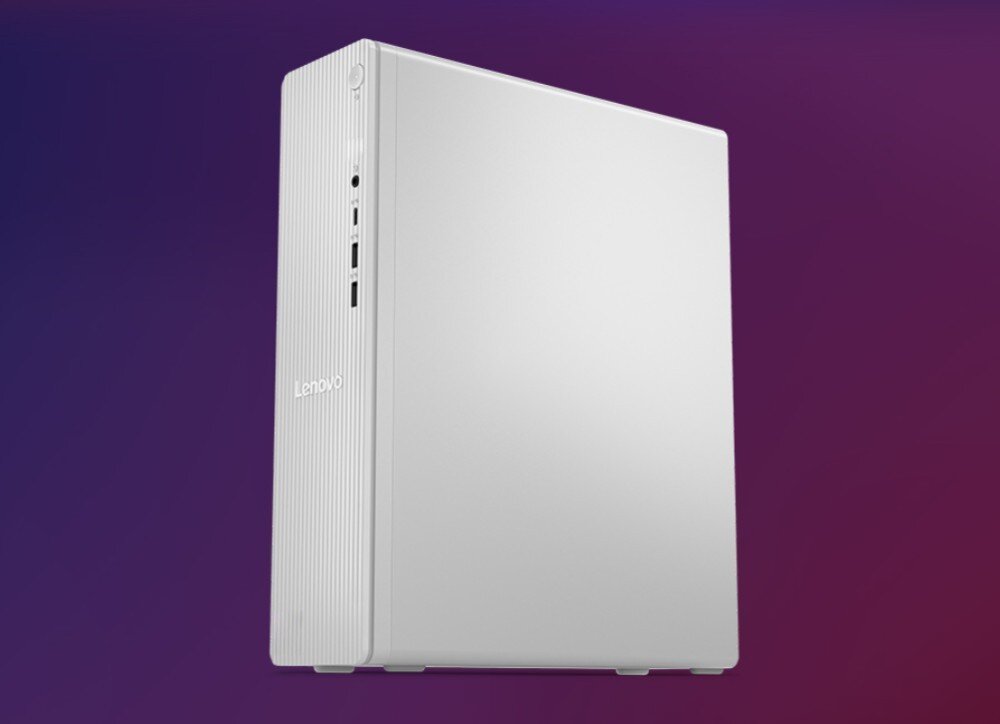 Komputer LENOVO IdeaCentre Tower 08IAS10 Komputer stacjonarny pokazany z perspektywy przedniego i prawego, gładkiego panelu bocznego