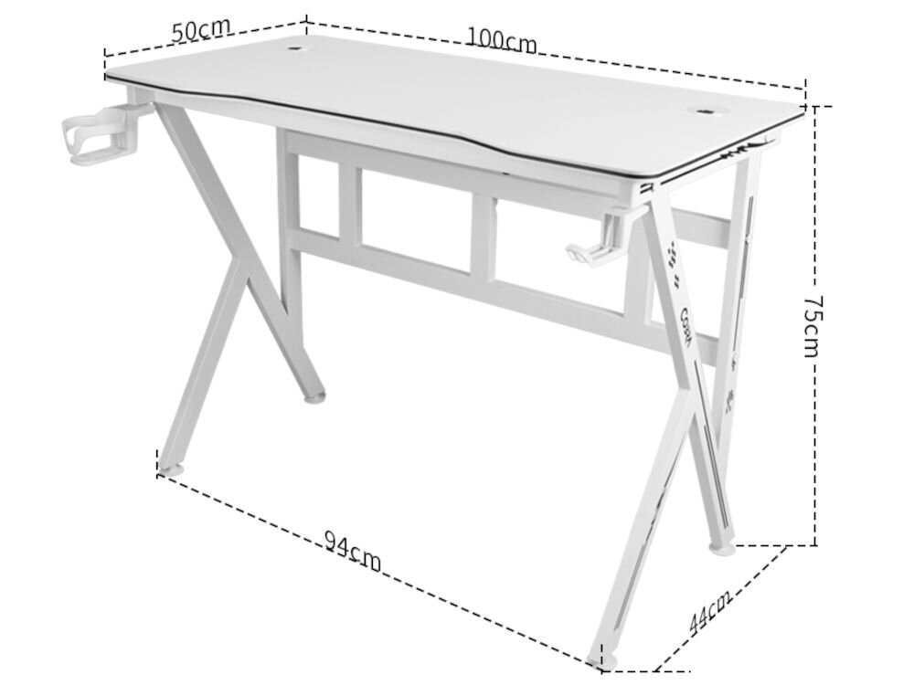 Białe biurko gamingowe z metalową ramą i uchwytem na kubek. Wymiary biurka to 100 cm długości, 50 cm szerokości, 75 cm wysokości, 94 cm głębokości i 44 cm szerokości podstawy.