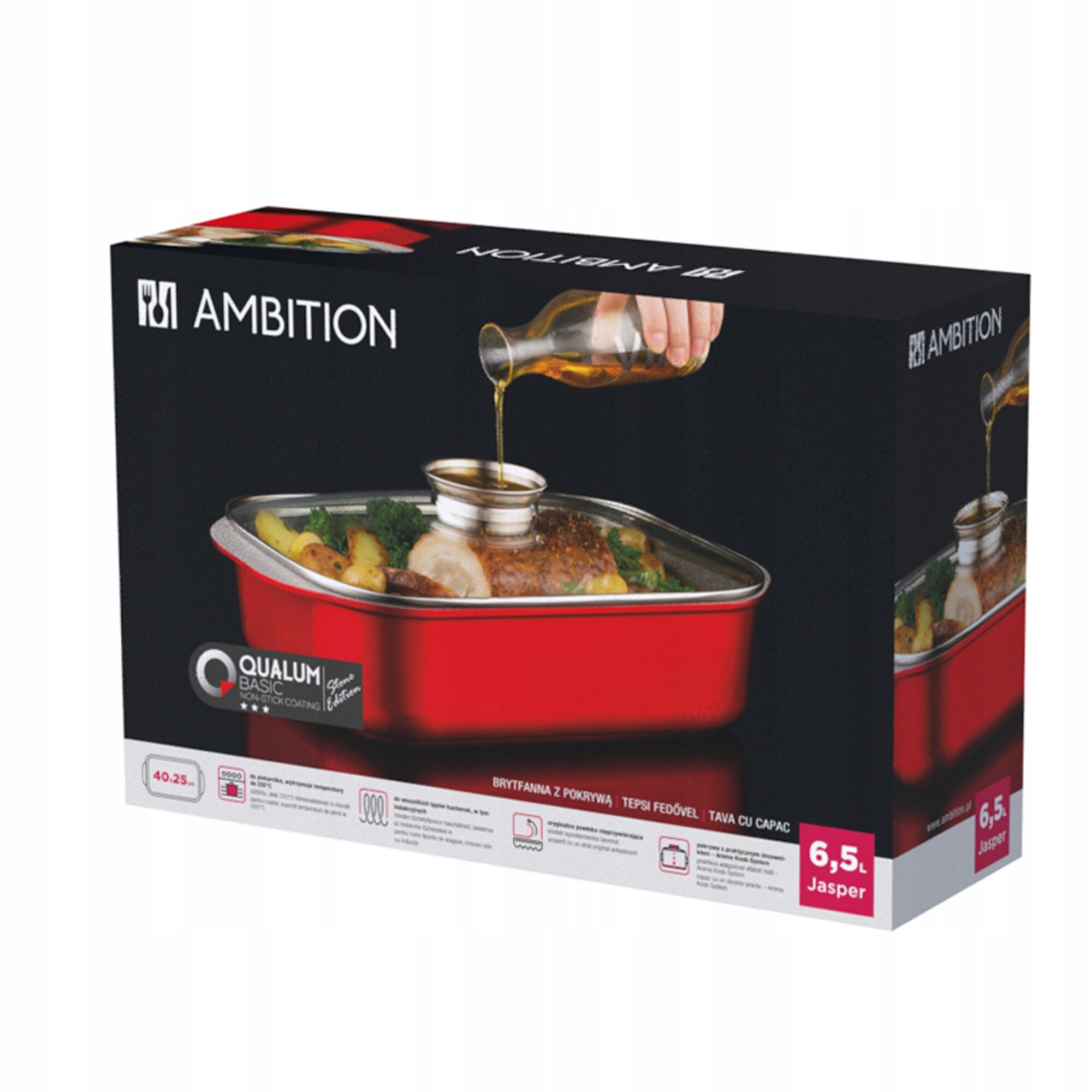 Opakowanie produktu z logo \'AMBITION\', przedstawiające czerwoną brytfannę z pokrywą, do której wlewany jest olej. Widoczny napis: \'QUALUM BASIC non-stick coating\' oraz oznaczenie pojemności \'6,5L Jasper\'.