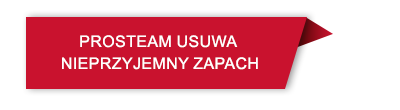 Czerwona wstążka z białym napisem: \'PROSTEAM USUWA NIEPRZYJEMNY ZAPACH\'.