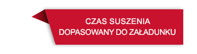 Czerwony prostokąt z białym tekstem: \'CZAS SUSZENIA DOPASOWANY DO ZAŁADUNKU\'.