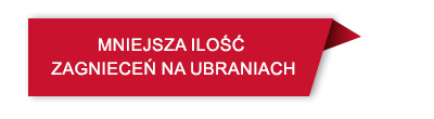 Czerwona wstążka z białym napisem: MNIEJSZA ILOŚĆ ZAGNIECEŃ NA UBRANIACH.