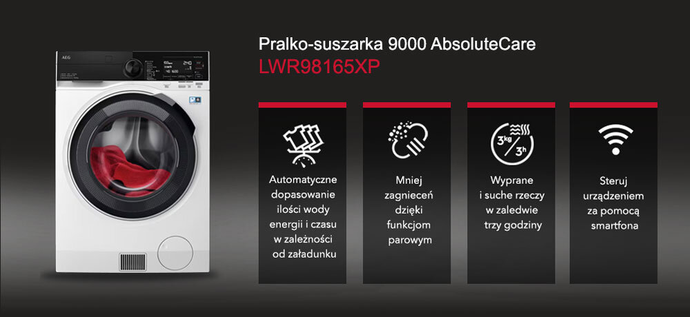 Obraz przedstawia pralko-suszarkę z widocznym bębnem i czerwonym materiałem wewnątrz. Obok znajdują się cztery ikony z tekstem: \'Automatyczne dopasowanie ilości wody energii i czasu w zależności od załadunku\', \'Mniej zagnieceń dzięki funkcjom parowym\', \'Wyprane i suche rzeczy w zaledwie trzy godziny\', \'Steruj urządzeniem za pomocą smartfona\'.