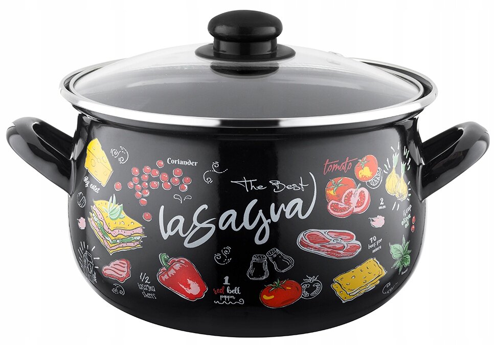 Czarny garnek emaliowany z przezroczystą pokrywką, ozdobiony kolorowymi grafikami warzyw i napisami, w tym \'The Best lasagna\'.