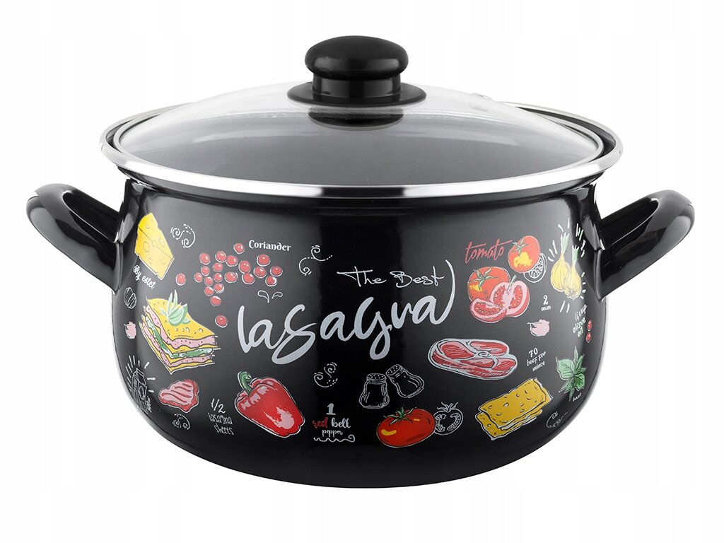 Czarny garnek emaliowany z pokrywką, ozdobiony kolorowymi grafikami warzyw i napisami, w tym \'The Best lasagna\'.