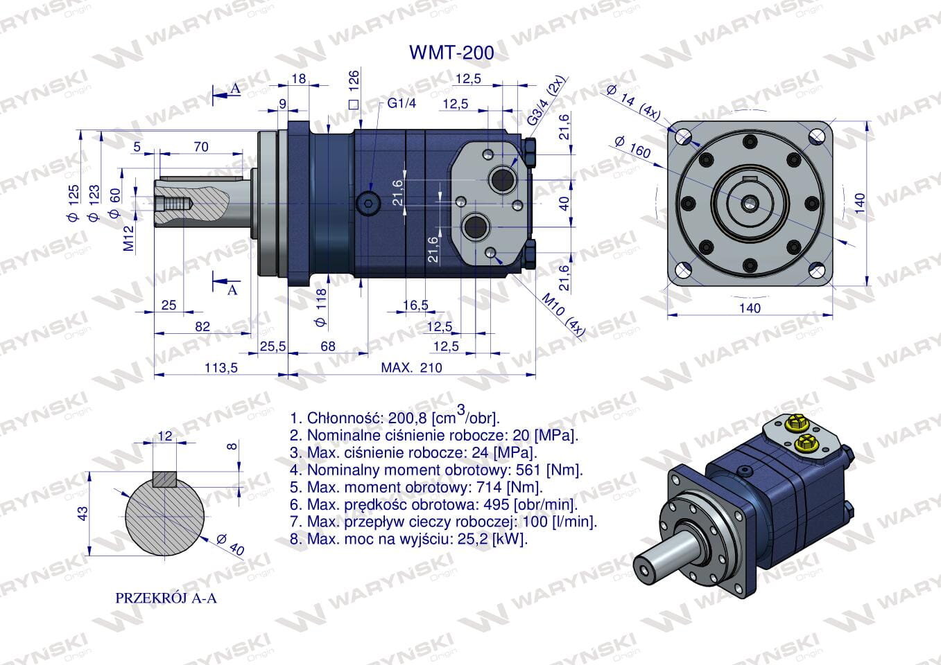 Rysunek techniczny przedstawia silnik hydrauliczny orbitalny WMT-200 z wymiarami i specyfikacją techniczną. Widoczne są szczegóły konstrukcyjne oraz parametry takie jak chłonność, ciśnienie robocze i moment obrotowy.