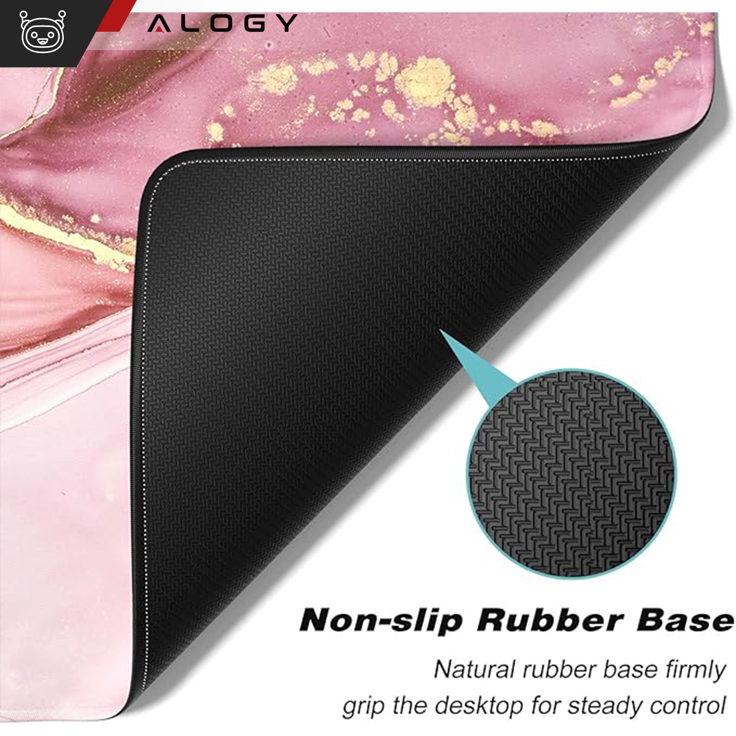 Podkładka na biurko w kolorze różowym z marmurowym wzorem i złotymi akcentami, z antypoślizgową gumową podstawą. Widoczny tekst: \'Non-slip Rubber Base\' oraz \'Natural rubber base firmly grip the desktop for steady control\'.