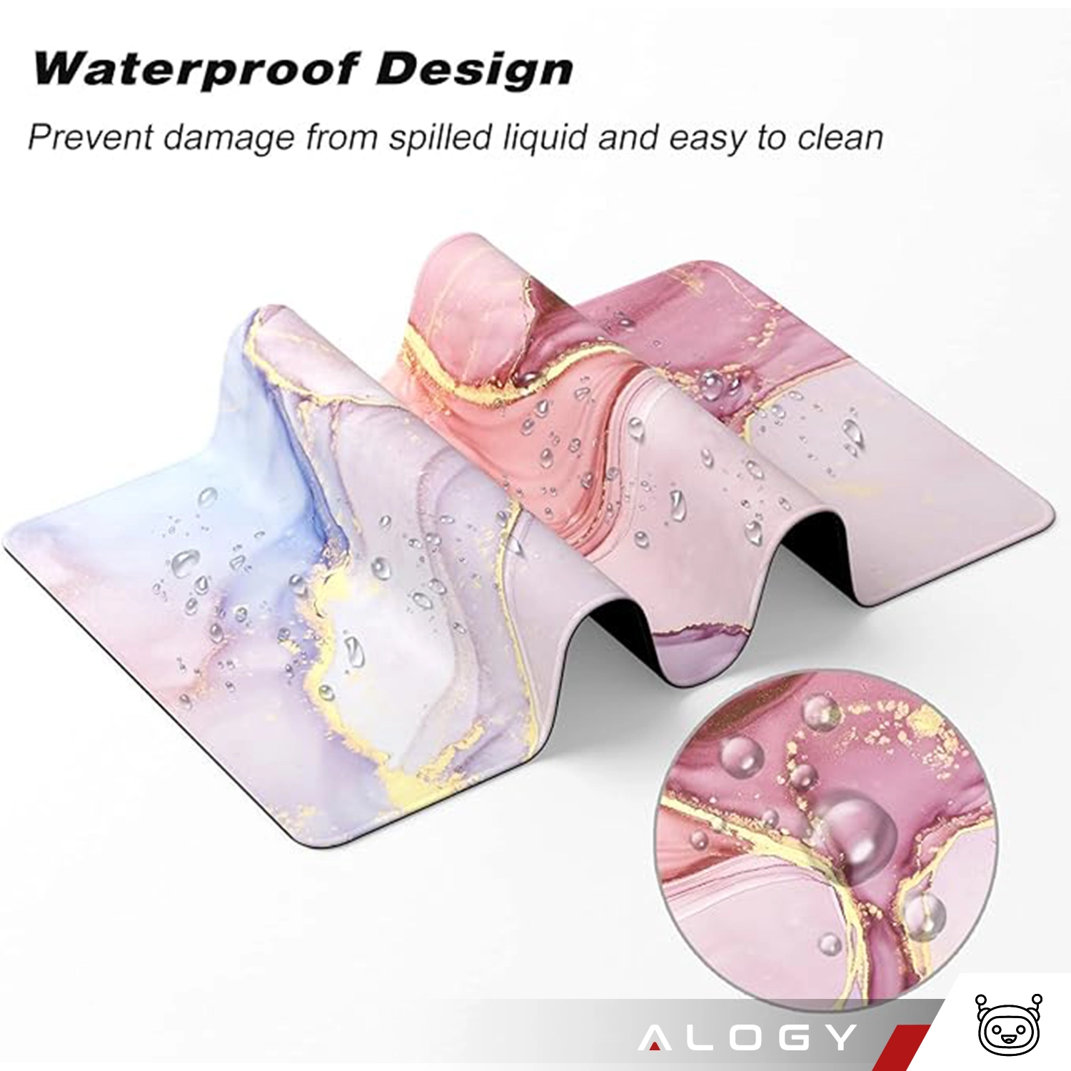 Obraz przedstawia różową podkładkę na biurko z marmurowym wzorem i kroplami wody na powierzchni. Widoczny jest tekst: \'Waterproof Design Prevent damage from spilled liquid and easy to clean\' oraz logo \'ALOGY\'.