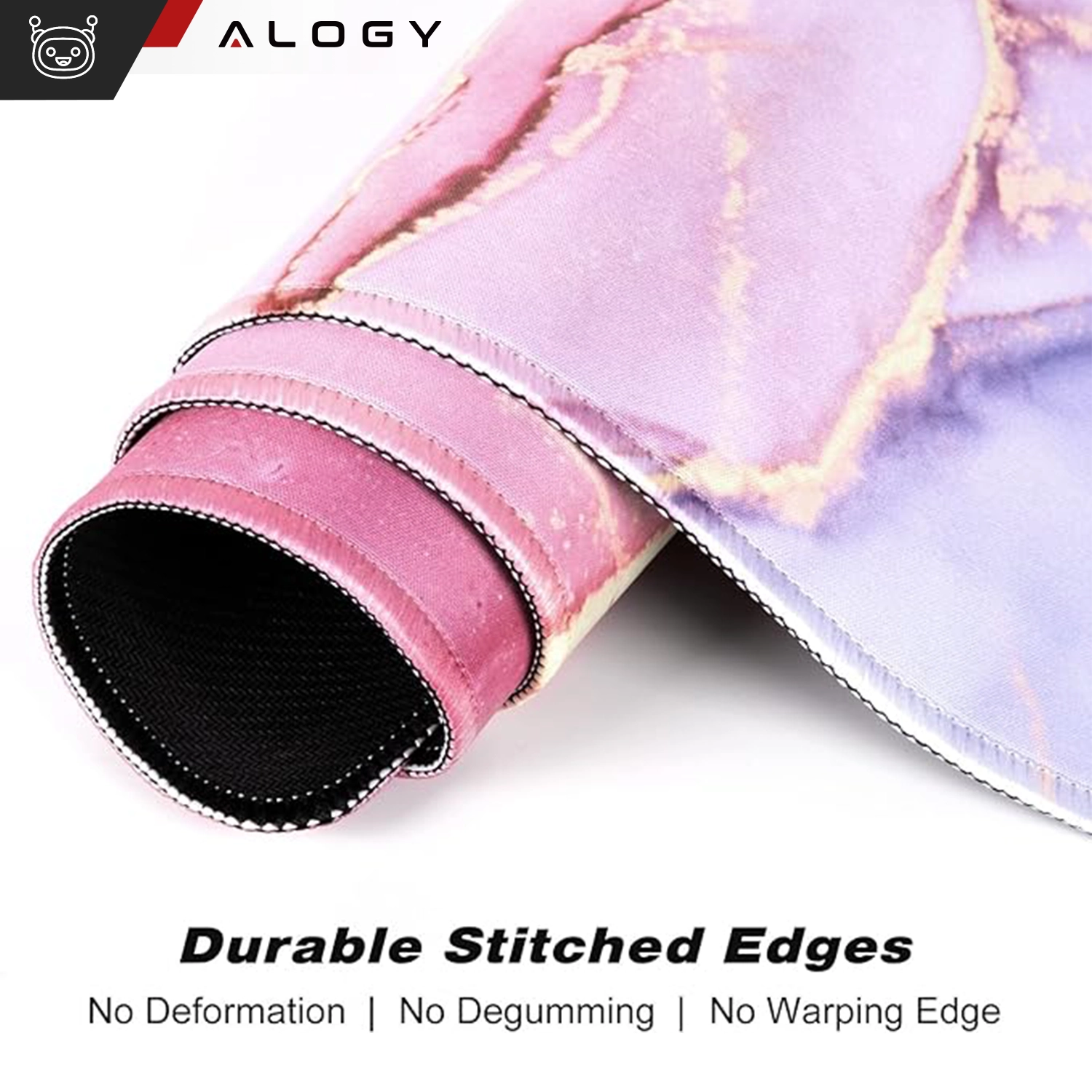 Obraz przedstawia różową podkładkę z marmurowym wzorem, z widocznymi trwałymi przeszyciami na krawędziach. Na dole znajduje się tekst: \'Durable Stitched Edges No Deformation | No Degumming | No Warping Edge\'.