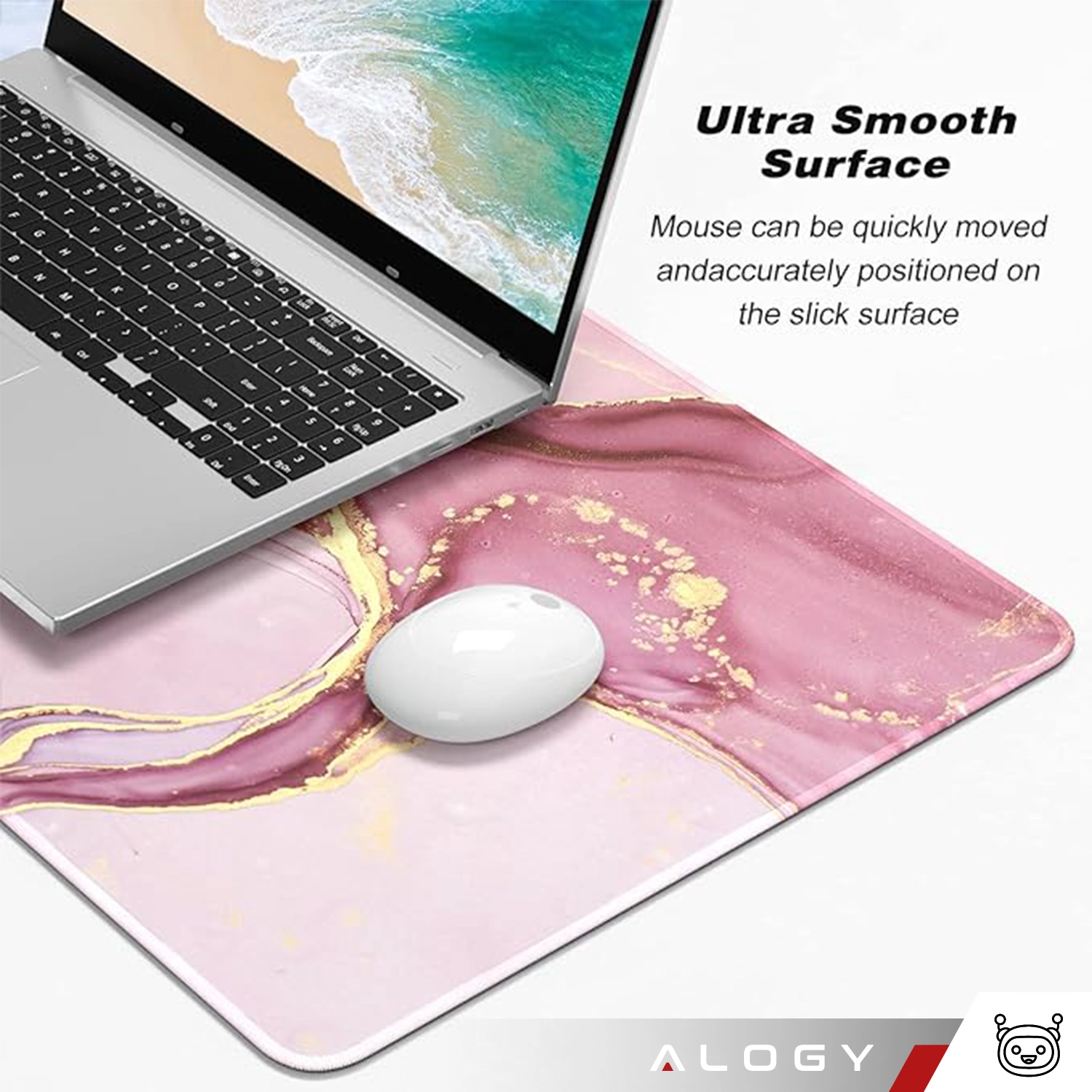 Na obrazie widać laptopa i myszkę umieszczone na różowej podkładce z marmurowym wzorem. Widoczny jest tekst: \'Ultra Smooth Surface Mouse can be quickly moved and accurately positioned on the slick surface\', a w dolnym rogu logo \'ALOGY\'.