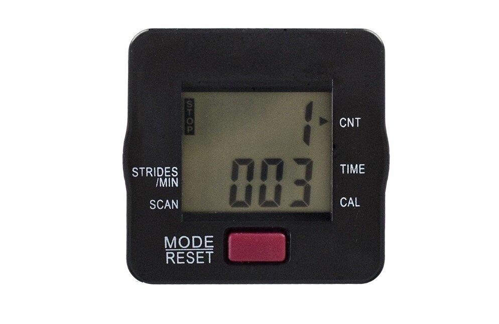 Wyświetlacz elektroniczny z czarną obudową pokazuje liczby \'1\' i \'003\'. Widoczne napisy to: \'STRIDES/MIN\', \'SCAN\', \'MODE RESET\', \'CNT\', \'TIME\', \'CAL\'.