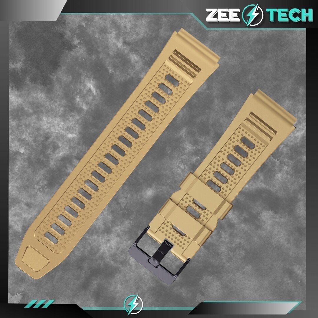 Beżowy silikonowy pasek do zegarka z otworami wentylacyjnymi i metalową klamrą. W prawym górnym rogu widoczne jest logo \'ZEETECH\'.