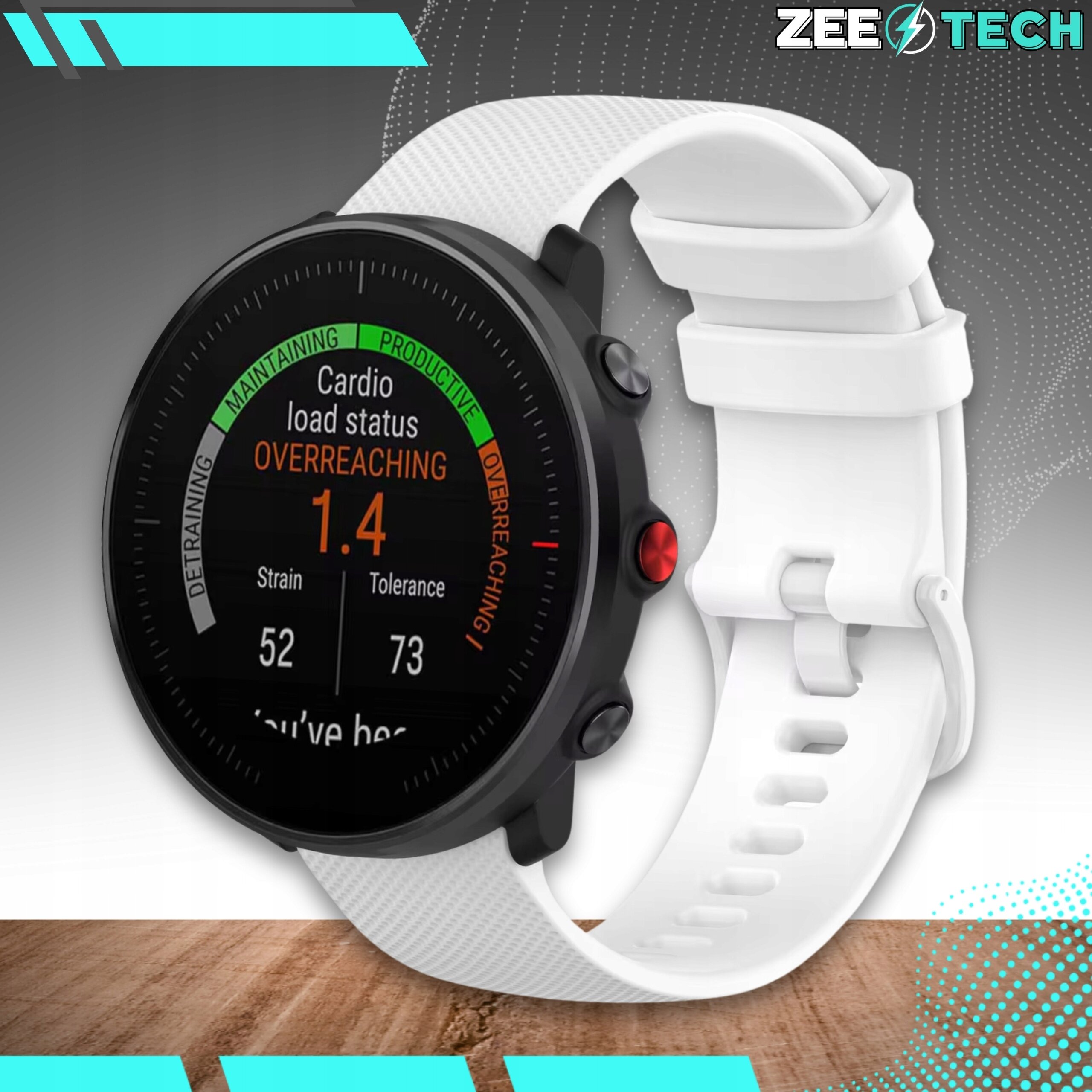 Na obrazie widoczny jest smartwatch z białym silikonowym paskiem, na którego ekranie wyświetlane są dane dotyczące statusu obciążenia cardio. W prawym górnym rogu znajduje się logo \'ZEETECH\'.