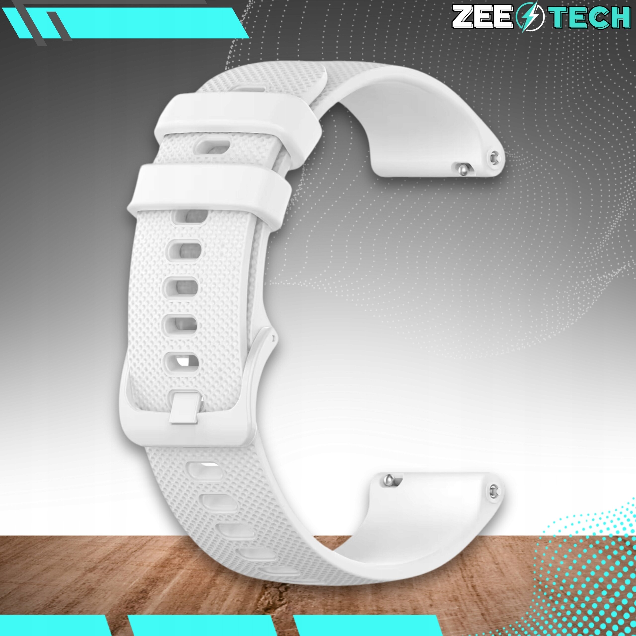 Biały silikonowy pasek do zegarka z otworami wentylacyjnymi i zapięciem. W tle widoczne jest logo \'ZEETECH\'.
