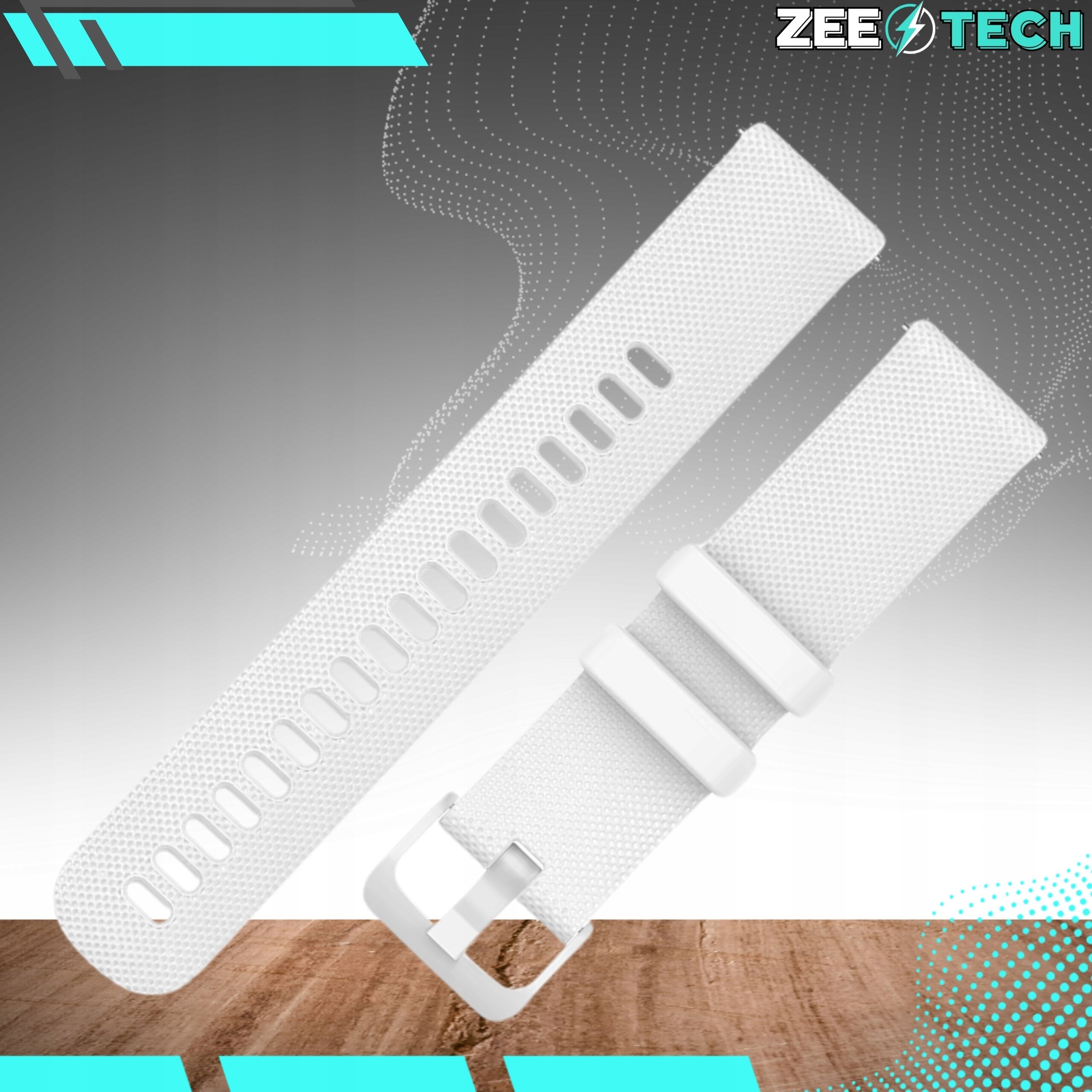 Biały silikonowy pasek do zegarka z otworami regulacyjnymi i klamrą. W prawym górnym rogu widoczne jest logo \'ZEETECH\'.