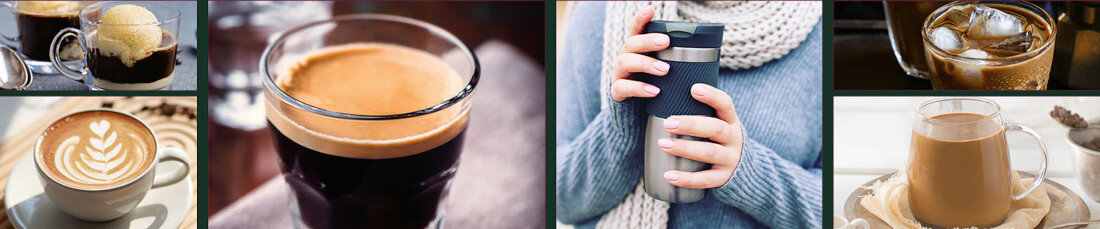 Kolaż przedstawiający różne napoje kawowe w szklankach i kubkach, w tym espresso, kawę z mlekiem i kawę mrożoną. Osoba trzyma kubek termiczny w dłoniach, ubrana w sweter i szalik.