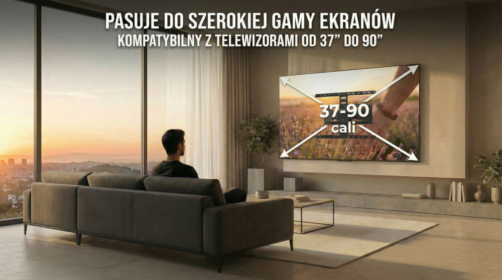 W salonie na ścianie wisi telewizor z napisem \'37-90 cali\', a nad nim tekst: \'PASUJE DO SZEROKIEJ GAMY EKRANÓW KOMPATYBILNY Z TELEWIZORAMI OD 37” DO 90”\'.