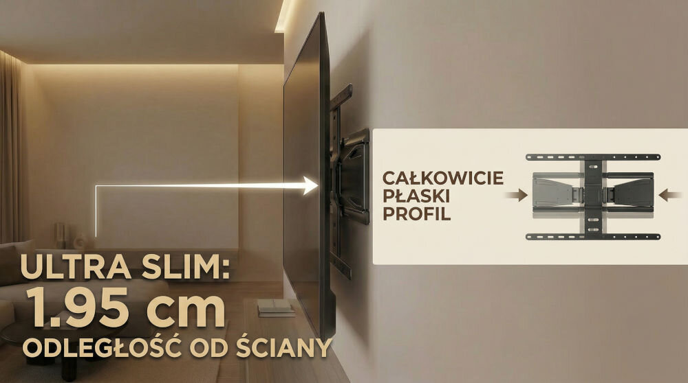 Obraz przedstawia telewizor zamontowany na ścianie za pomocą uchwytu, z tekstem: \'ULTRA SLIM: 1.95 cm ODLEGŁOŚĆ OD ŚCIANY\' oraz \'CAŁKOWICIE PŁASKI PROFIL\'.