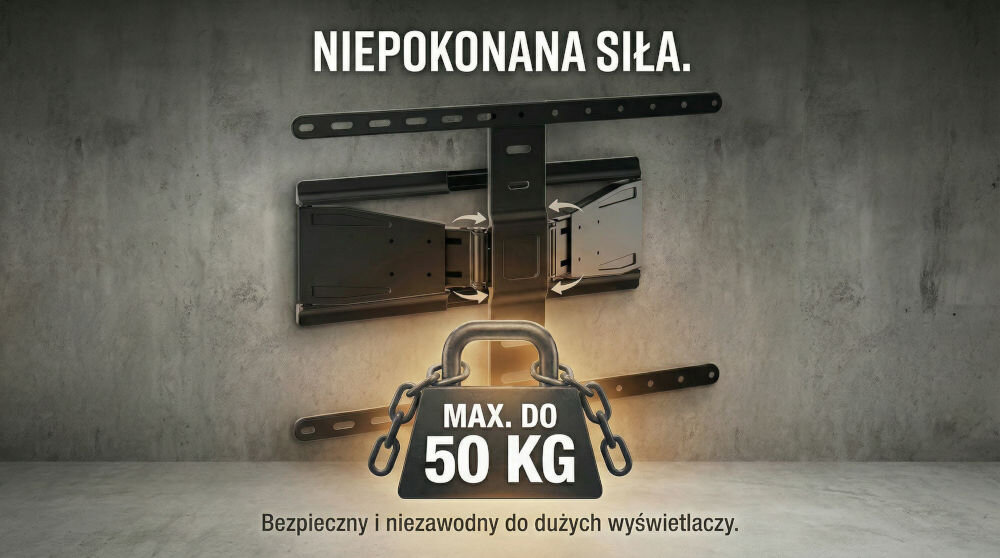 Na szarym tle widoczny jest czarny uchwyt do telewizora z napisem \'NIEPOKONANA SIŁA\'. Poniżej znajduje się grafika z kłódką i tekstem \'MAX. DO 50 KG\', a pod nią napis \'Bezpieczny i niezawodny do dużych wyświetlaczy\'.