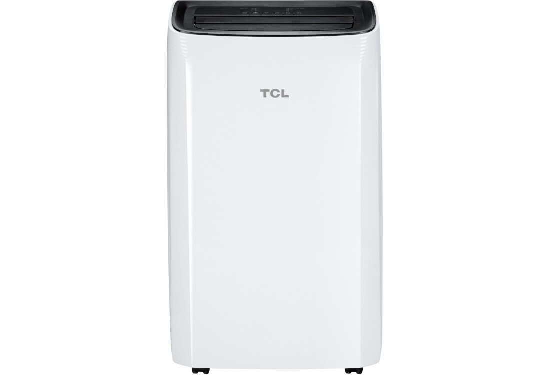 Biały klimatyzator przenośny z widocznym logo TCL na przedniej części. Urządzenie ma prostokątny kształt z ciemnym panelem na górze.