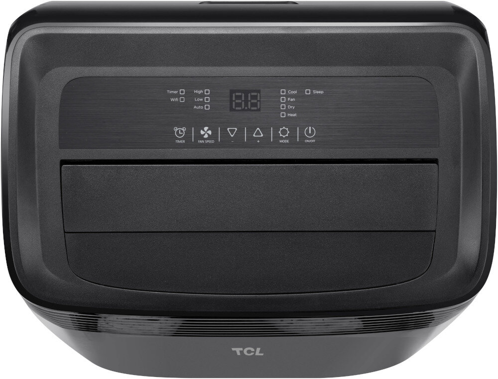 Czarny panel sterowania klimatyzatora z wyświetlaczem cyfrowym i ikonami funkcji, takimi jak Timer, Fan Speed, Mode i On/Off. Na obudowie widoczne jest logo TCL.